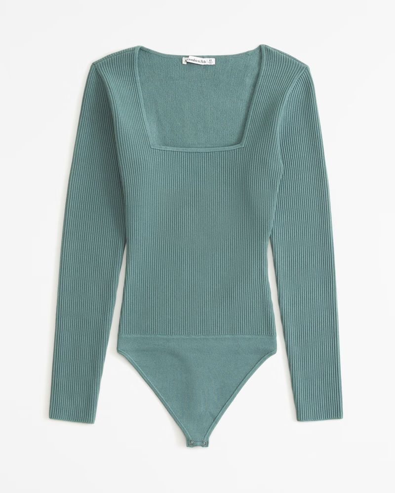 Abercrombie & Fitch Women's Long-Sleeve Ottoman Squareneck Bodysuit in Green - Size M | Abercrombie & Fitch (US)