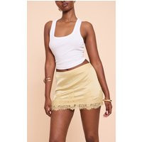 Butter Yellow Satin Lace Trim Mini Skirt | PrettyLittleThing US
