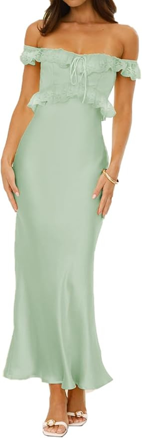 Satin Off The Shoulder Sleeveless Lace Trim Maxi Dress 2025 Summer Elegant Formal Bridesmaid Dres... | Amazon (US)