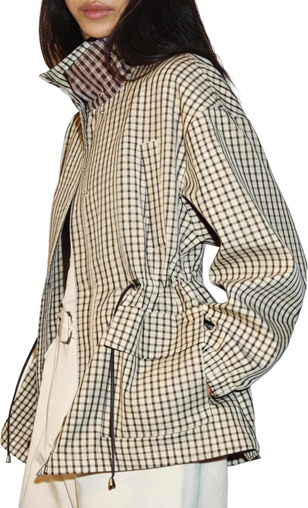 Women's Plaid Jacket Stand Collar Button Down Loose Trench | Amazon (US)
