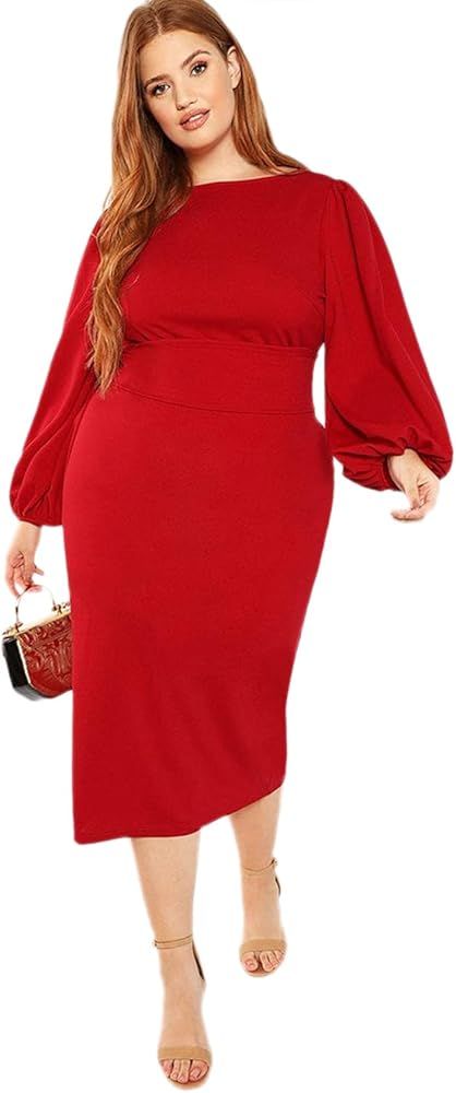 Women's Plus Size Round Neck Long Lantern Sleeve Bodycon Belted Dress | Amazon (US)
