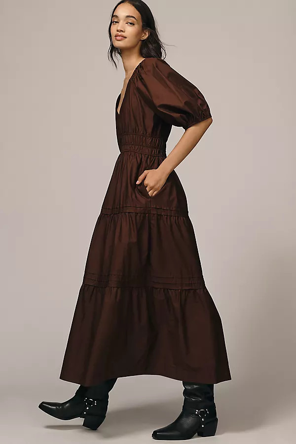 Smocked V-Neck Half-Sleeve Tiered Midi Dress | Anthropologie (US)
