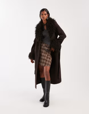 & Other Stories wool belted midaxi coat in brown with faux fur trim | ASOS | ASOS (Global)