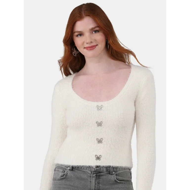 No Boundaries Rhinestone Butterfly Fuzzy Cardigan Sweater, Women's and Women’s Plus | Walmart (US)