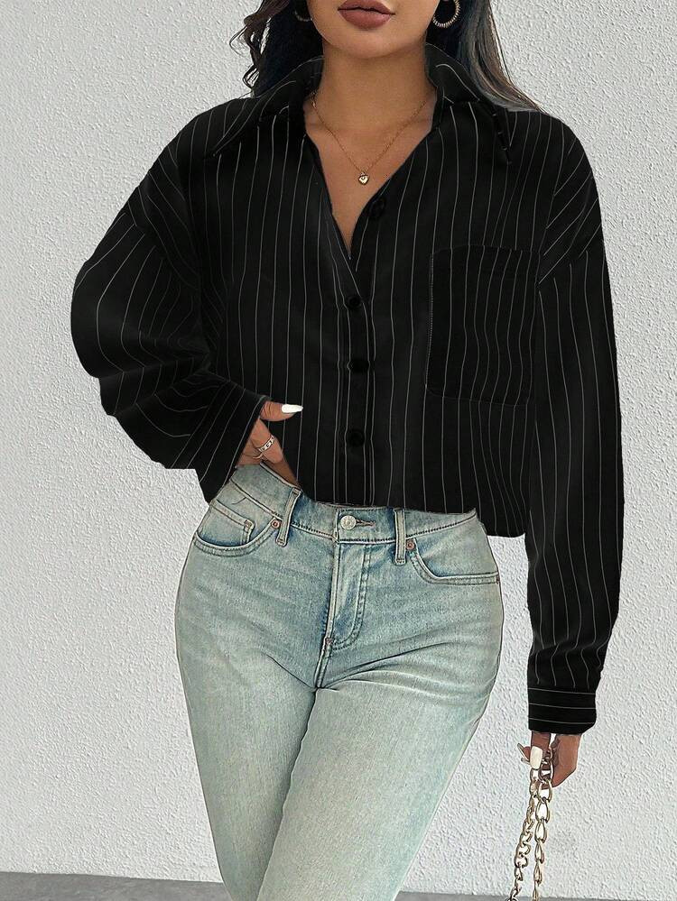 EMERY ROSE Casual Versatile Fashion Long Sleeve Single Breasted Turndown Collar Striped Women Shirt, Random Floral Pattern Fall Cloth For Women | SHEIN