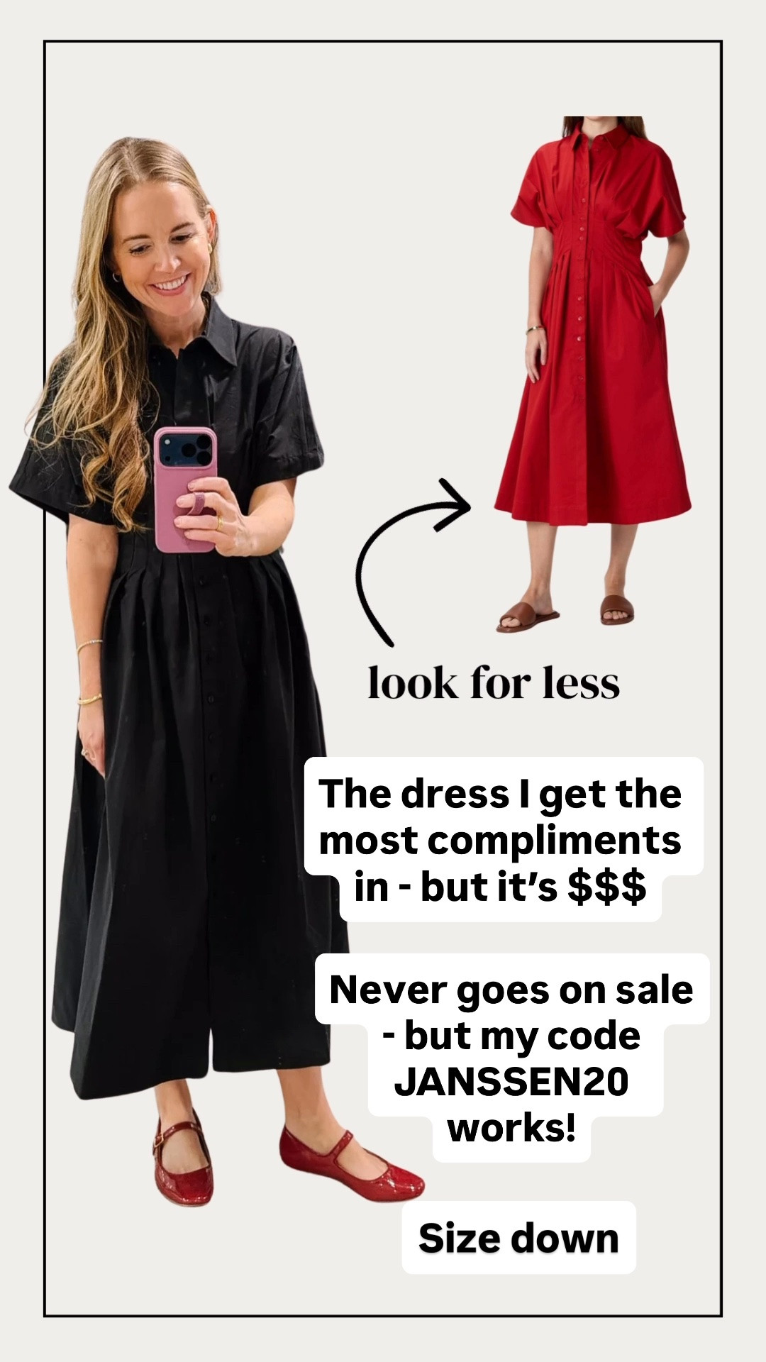I always get so many compliments on this Anthropologie shirt dress, but it’s pricey! (My code JANSSEN20 works for a discount though!) - size down

I’ve also linked a look alike shirt dress for about 1/3 of the price!