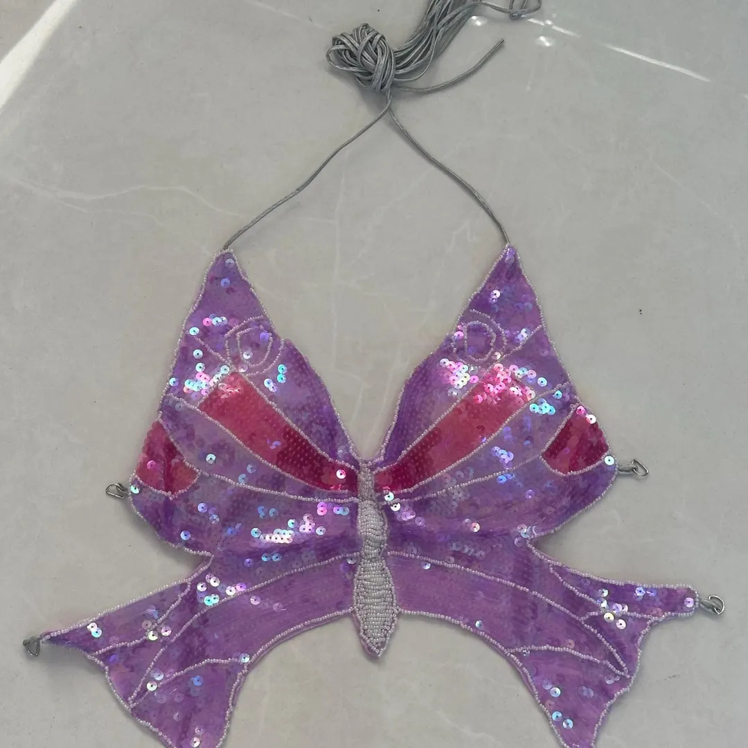 Backtie Y2K Butterfly Sequin Top - Holographic Dark Purple Hot Girl Summer Fairy Halter Crop Top ... | Etsy (US)