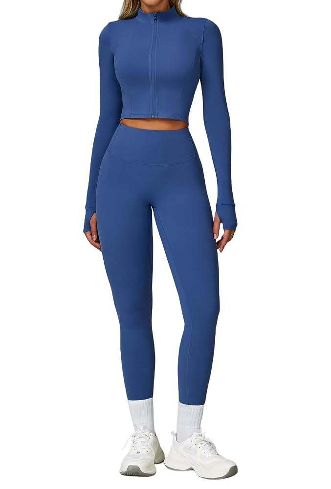 3 Piece Women Workout Set Sports Bra Crop Top Jacket with Thumb Holes Tummy Control High Waist Le... | Amazon (US)