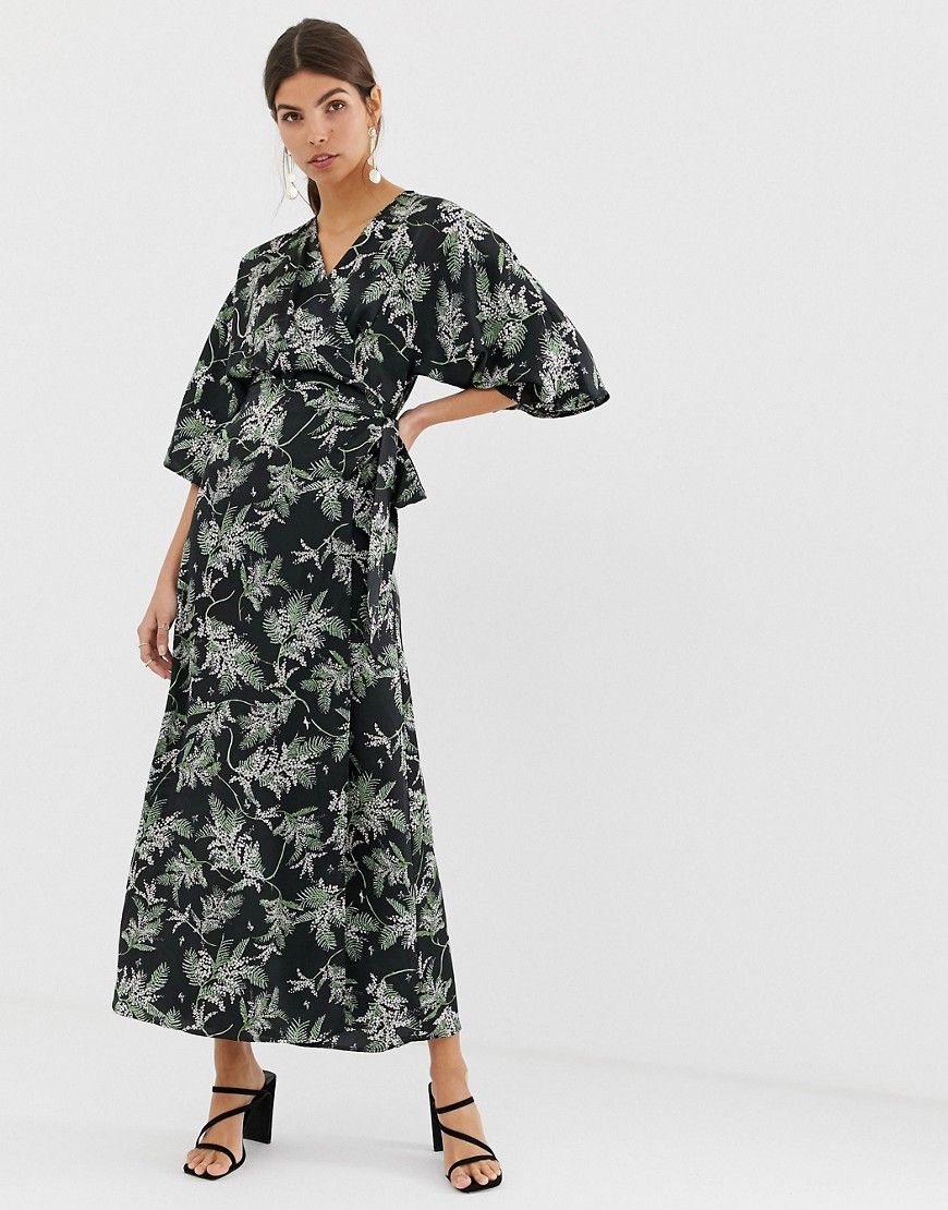 Liquorish kimono sleeve midi dress in black floral print | ASOS (Global)