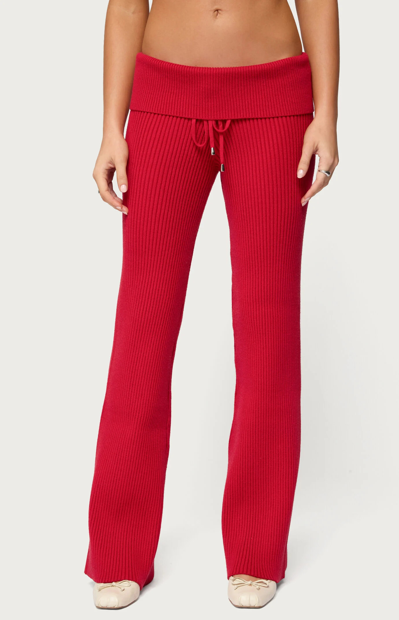 Edikted Women's Adannah Foldover Ribbed Knit Pants in Red - Size Medium | PacSun