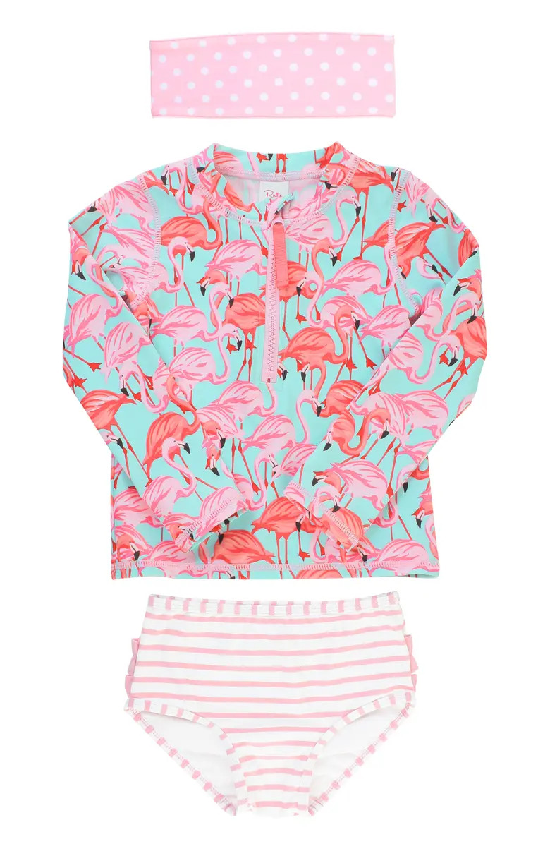 RuffleButts Flamingo Two-Piece Rashguard Swimsuit & Head Wrap Set (Toddler Girls & Little Girls) ... | Nordstrom