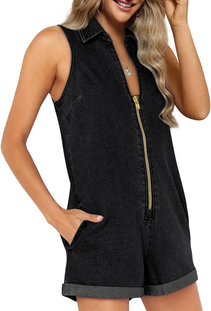 Yousify Short Rompers for Women Summer Dressy Sleeveless Jean Romper Loose Fit Zipper Overall S-2... | Amazon (US)