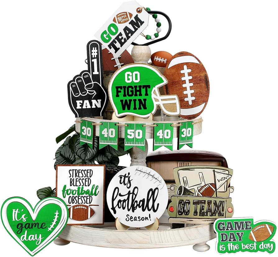 16 Pcs Football Tiered Tray Decor Fall Football Decor Football Game Day Wooden Signs Football Tab... | Amazon (US)