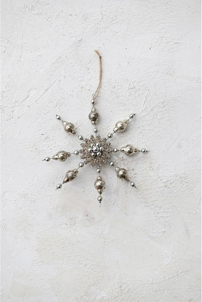 Creative Co-Op Mercury Glass Snowflake Ornament with Tinsel, Silver Finish | Amazon (US)