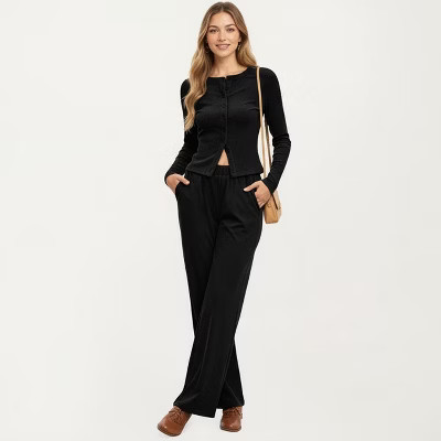 Anna-Kaci Women's 2-Piece Set Long Sleeve Button Front Top and Wide Leg Design Pants - Large, Black | Target
