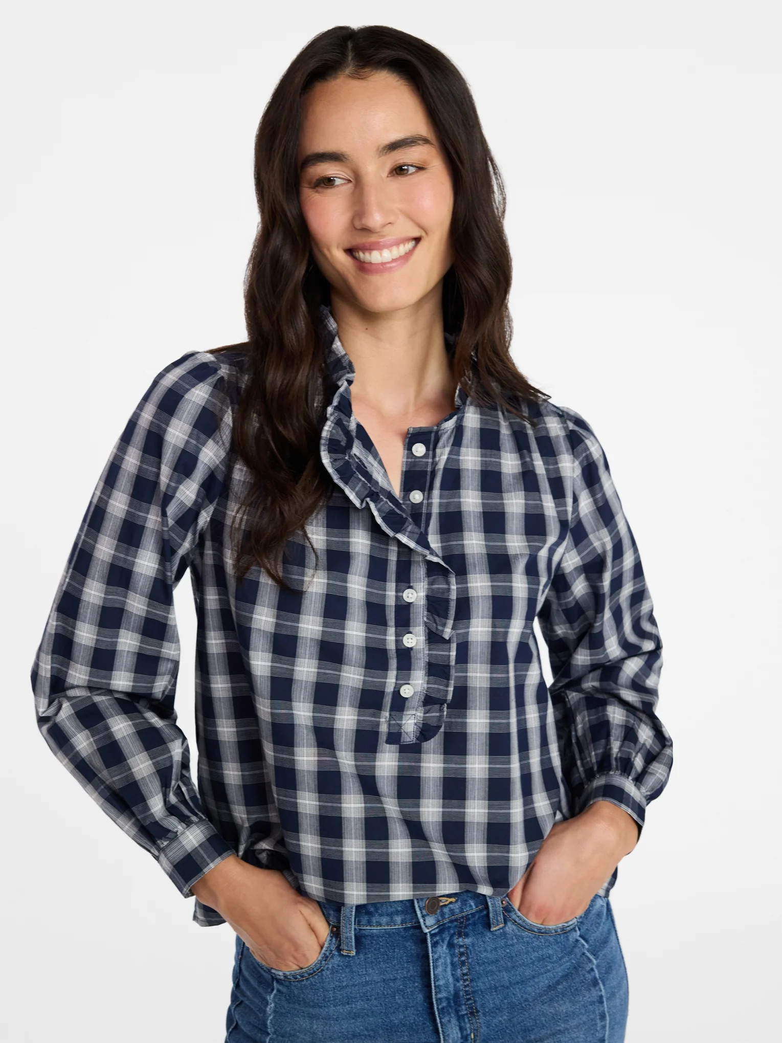 Time and Tru Women's Ruffle Neck Button Front Cotton Shirt with Long Sleeves, Sizes XS-XXXL | Walmart (US)