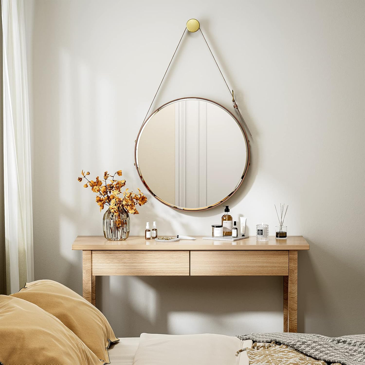 IKIFLY Round Hanging Decorative Wall Mirror with Brown Leather Strap, 27.6" Modern Mirror for Wal... | Amazon (US)