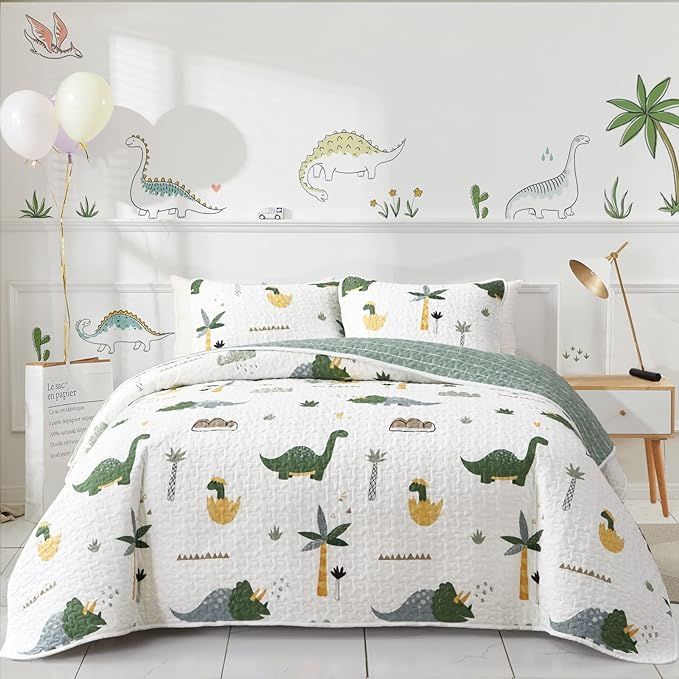 Joyreap 3-Piece Cotton Quilt Set Full/Queen, Dinosaur Theme Green Color Design for Kids Boys n Gi... | Amazon (US)