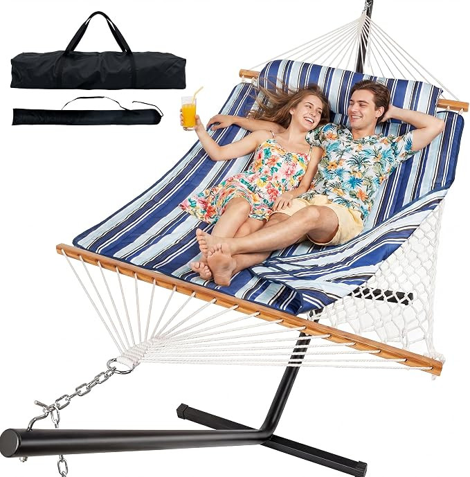 Everyfun 2 Person Hammock with Stand, Heavy Duty Double Cotton Rope Hammock with Removable Quilte... | Amazon (US)