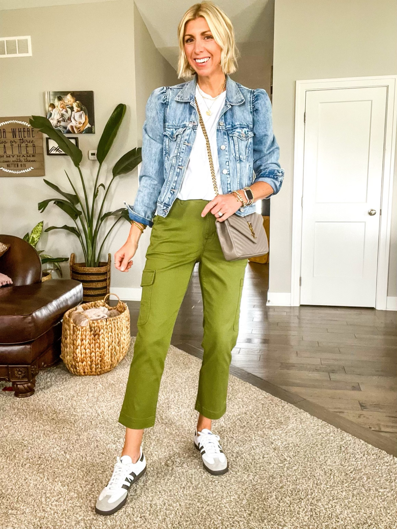 Travel outfit idea, green cargo pants, white tshirt, puff sleeve denim jacket, adidas samba sneakers 

#LTKSeasonal #LTKstyletip #LTKtravel
