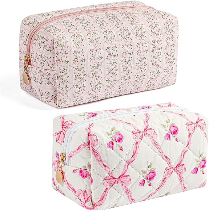 Gleyemor 2 Pieces Quilted Makeup Bag, Cute Floral Cosmetic Bag for Women, Cotton Make Up Bag Set,... | Amazon (US)