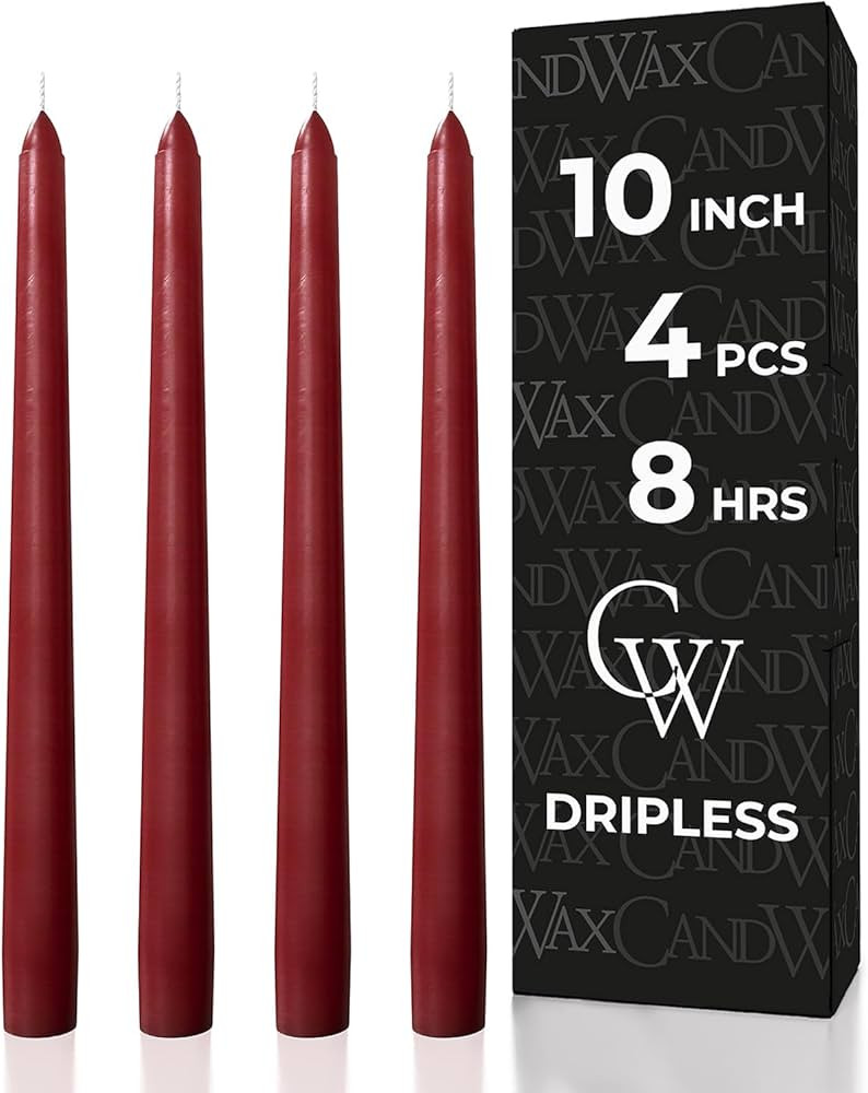 CANDWAX Burgundy 10 inch Taper Candles Pack of 4 - Unscented Dripless Burgundy Candlesticks - Per... | Amazon (US)