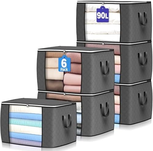 90 L Large Storage Bags, 6 Pack Clothes Storage Bins Foldable Closet Organizers Storage Container... | Amazon (US)