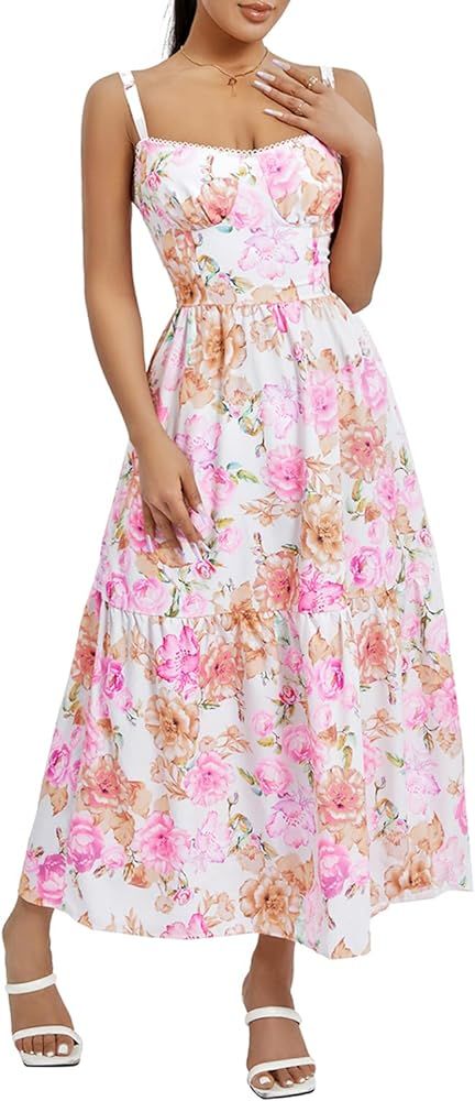 Summer Floral Maxi Dress for Women Spaghetti Strap Square Neck Bustier Ruffle A-line Sundress Cot... | Amazon (US)