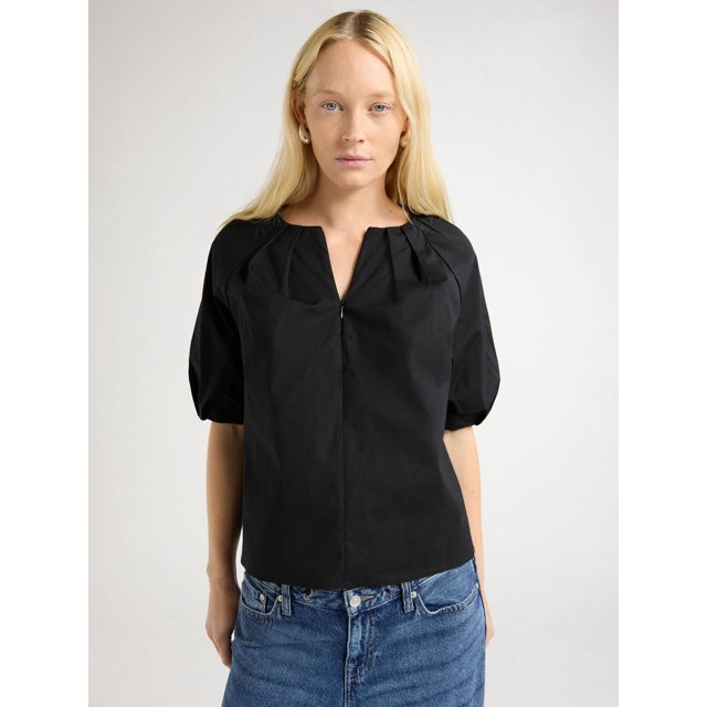 Scoop Women's Cotton Poplin Pleated Zip Front Top, Sizes XS-XL | Walmart (US)