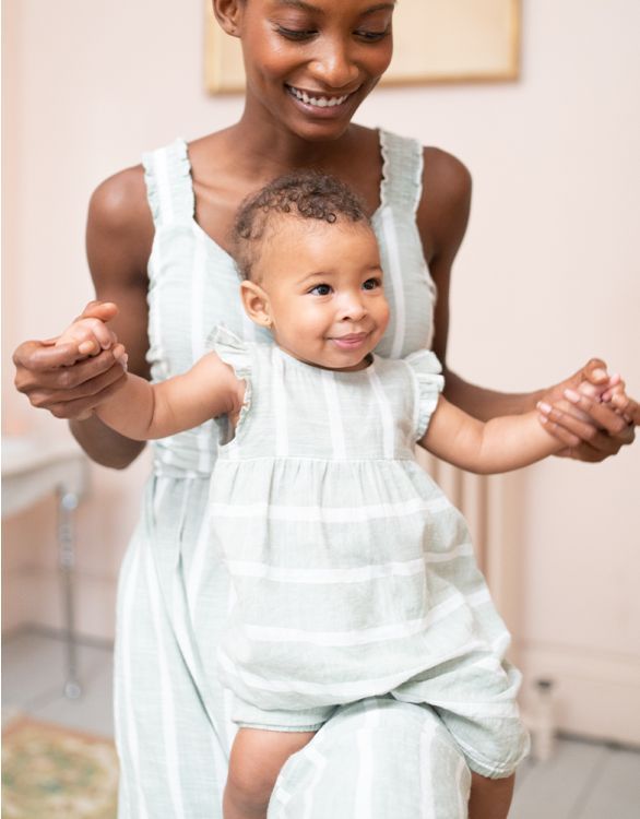 Sage & White Striped Cotton Baby Romper | Seraphine US