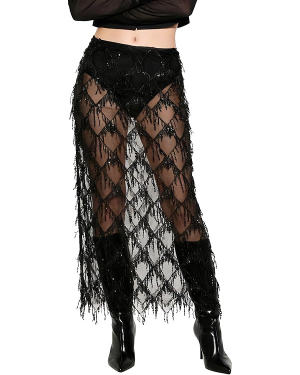 AXX Women's Sequin Fringe Midi Skirt - Sheer Mesh Sparkly Tassel Skirt with Side Slit, Elastic Wa... | Amazon (US)