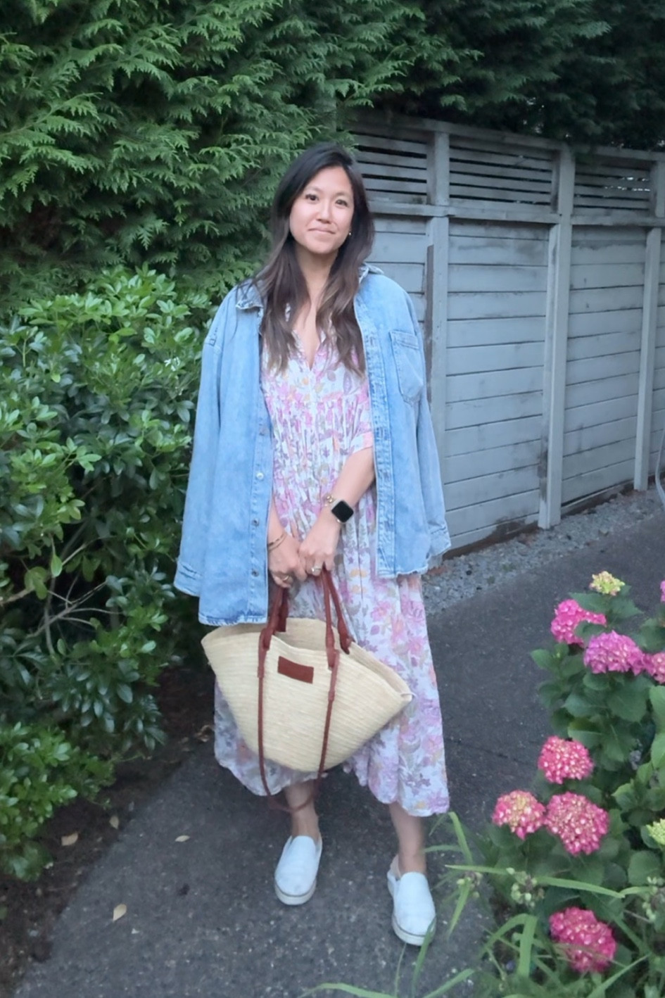 Floral midi dress with denim overshirt / sesame Justine straw summer bag 

#LTKSeasonal #LTKTravel #LTKItBag
