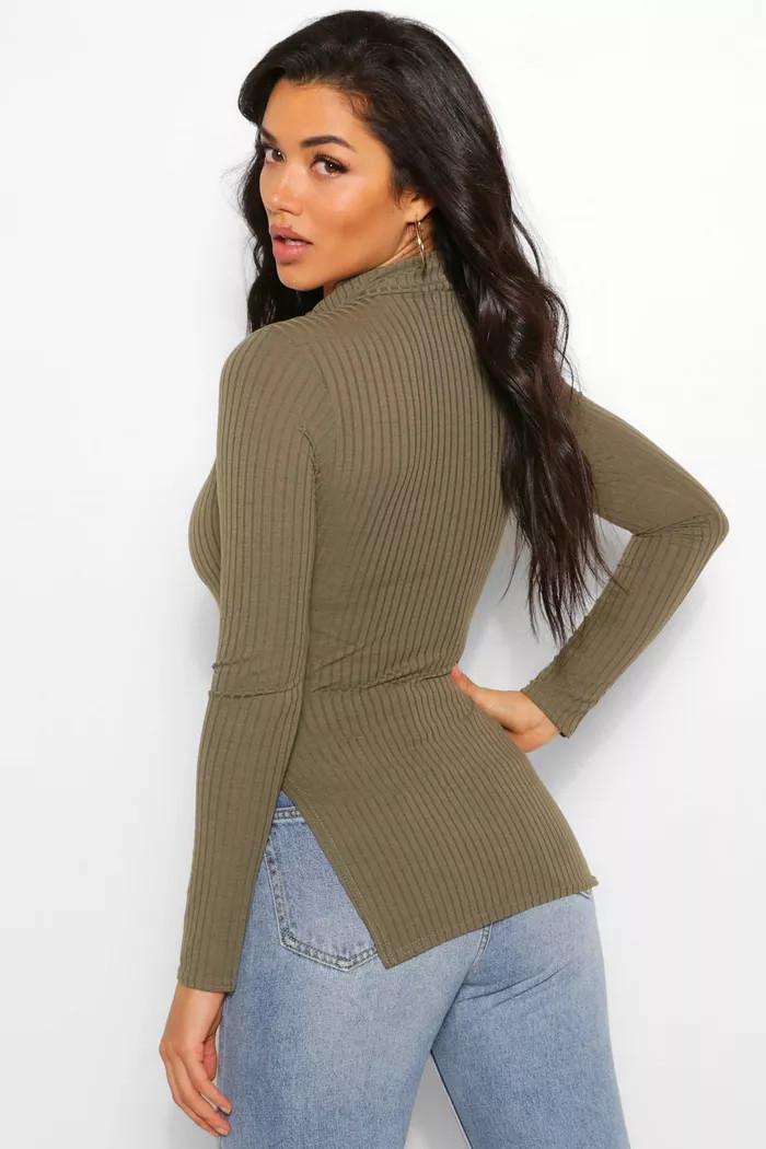 Side Split Turtle Neck Knitted Ribbed Top | boohoo (US & Canada)