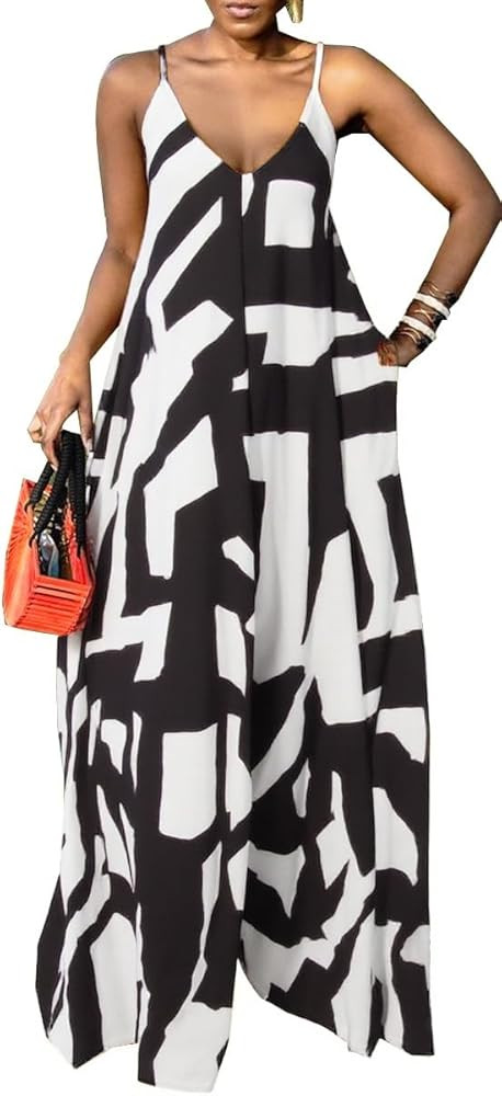 Women's Casual Summer Jumpsuits Sexy Loose Spaghetti Strap Floral Print Jumpsuit Wide Leg Pants R... | Amazon (US)