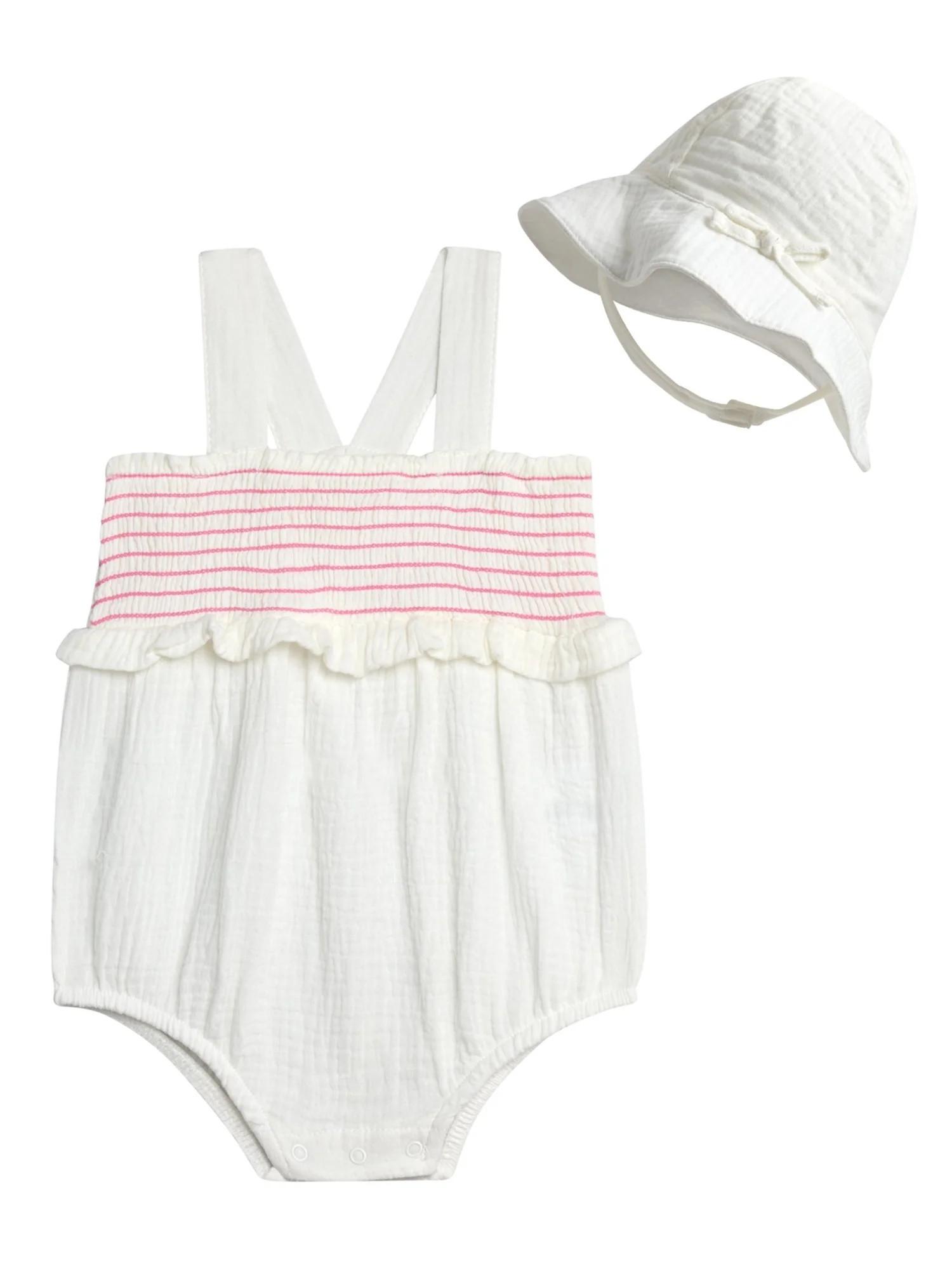 Jessica Simpson Baby Girls' Smocked Cotton Romper with Sun Hat Set, 2-Piece, Sizes 0M-24M | Walmart (US)