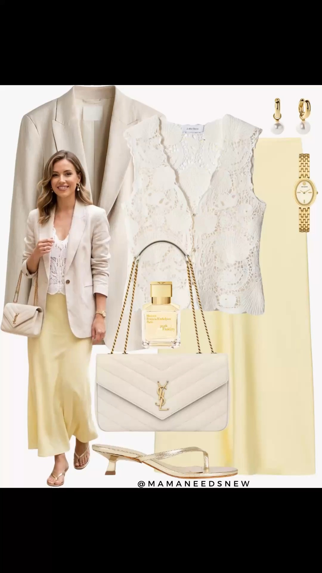 A spring outfit with a blazer, lace sleeveless top, satin skirt, shoulder bag, kitten heels 💛🤍

#LTKSeasonal #LTKootd #LTKSaleAlert