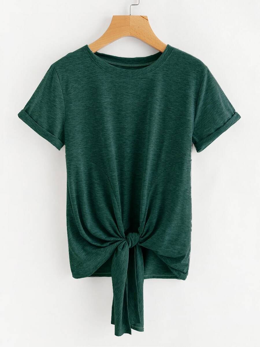 Knotted Hem Cuffed Marled Tee | SHEIN