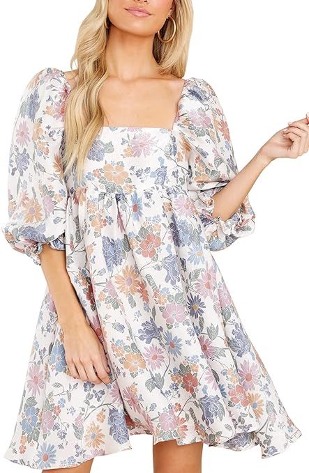 Womens Puff Sleeve Floral Print Dress Babydoll Square Neck A Line High Waist Ruched Summer Mini D... | Amazon (US)