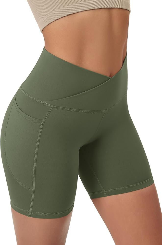 ODODOS Cloud Feeling Cross Waist Yoga Shorts with Pockets for Women, 6" Crossover High Waist Loun... | Amazon (US)