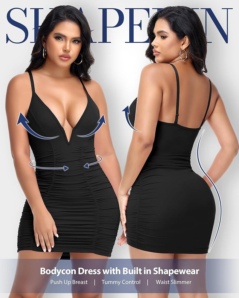 SHAPERIN Shapewear Dress Sexy Deep V Neck Ruched Bodycon Cocktail Party Mini Dresses for Women | Amazon (US)