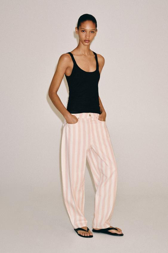 Zara - Zw Collection Tapered Mid-Waist Striped Jeans - Striped - 12 - Woman | Zara UK