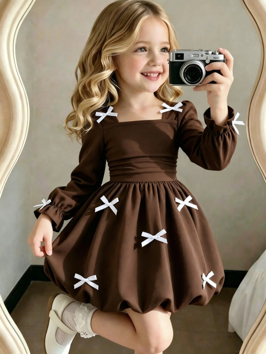 SHEIN Elladie kids Young Girls Sweet Cute Dress With 3D Bow Decor, Square Neck, Long Sleeve Lantern Skirt, Cinched Waist, Summer Autumn Daily Vacation 7th Birthday Brown Fairy | SHEIN