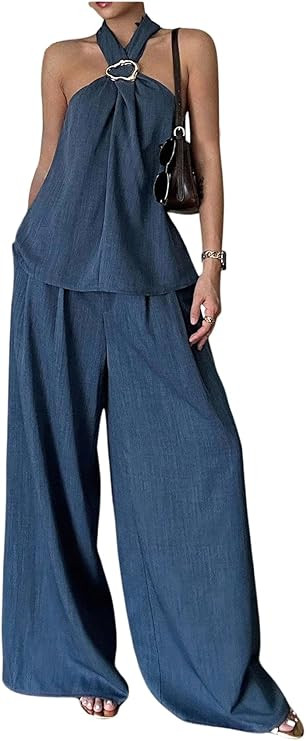 SweatyRocks Women's 2 Piece Outfits Halter Tank Top Blouse and Wide Leg Pants Matching Sets | Amazon (US)