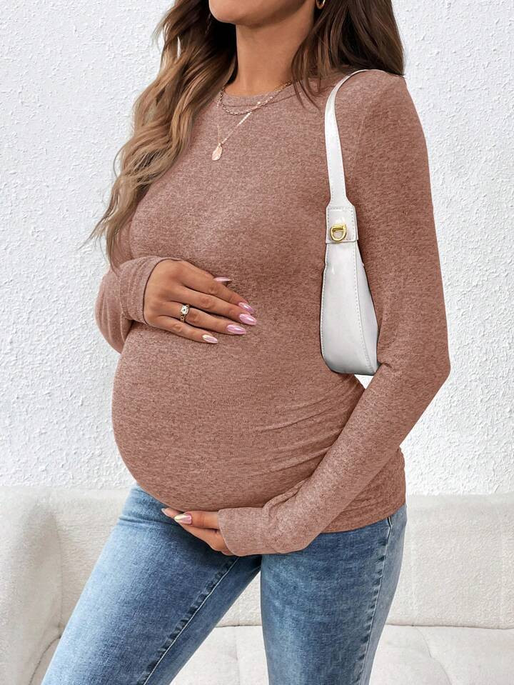 SHEIN Maternity All-Match Solid Crew Neck Long Sleeve Fitted T-Shirt, Versatile For Autumn | SHEIN