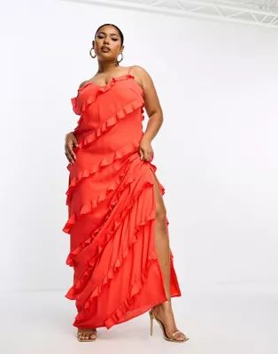 Pretty Lavish Curve asymmetric ruffle maxi dress in ruby red | ASOS (Global)