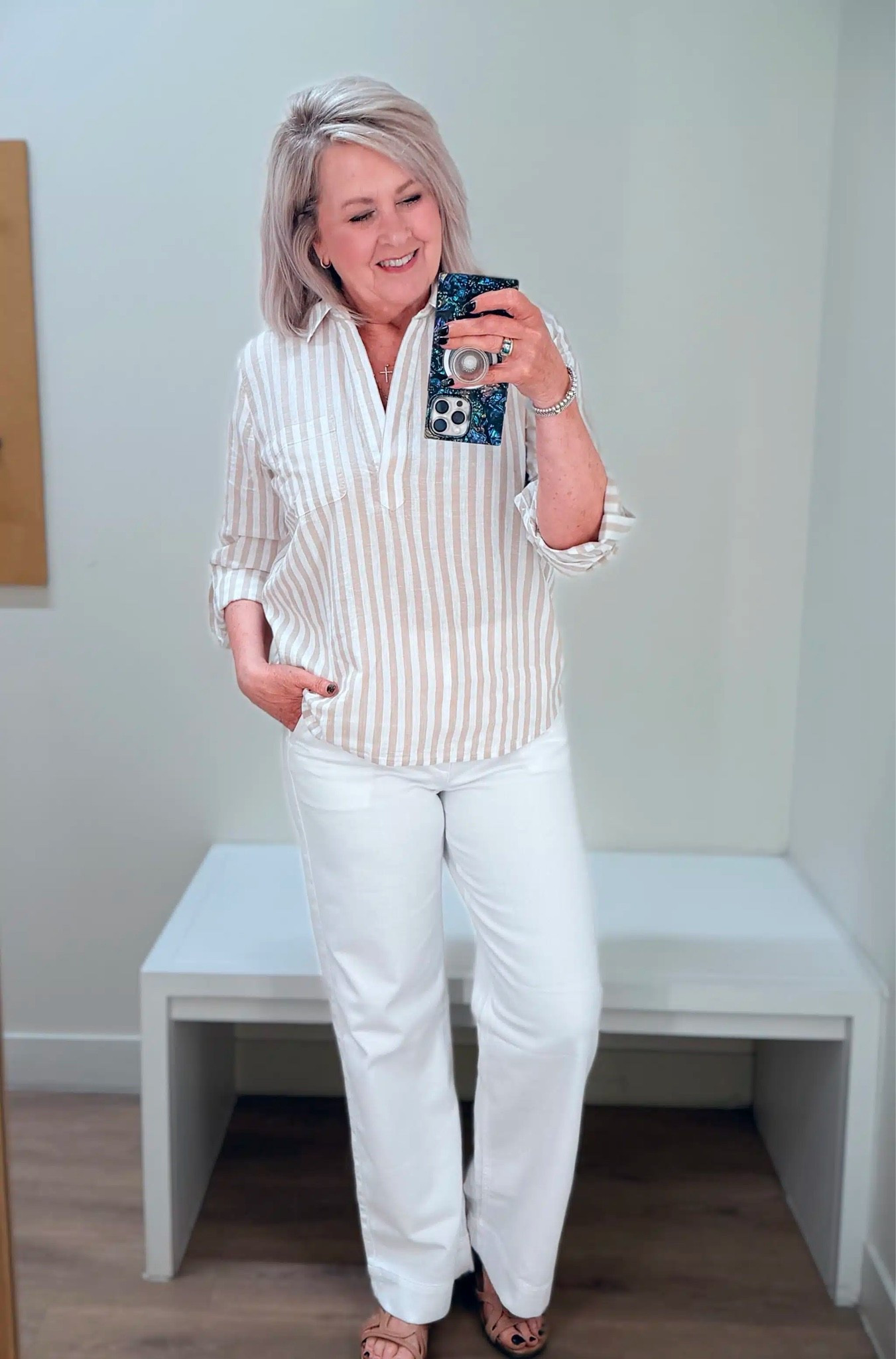 A classic neutral outfit for Summer! This striped top also has matching shorts. My top is a size medium and white pants are a 29.

#LTKWorkwear #LTKOver40 #LTKootd