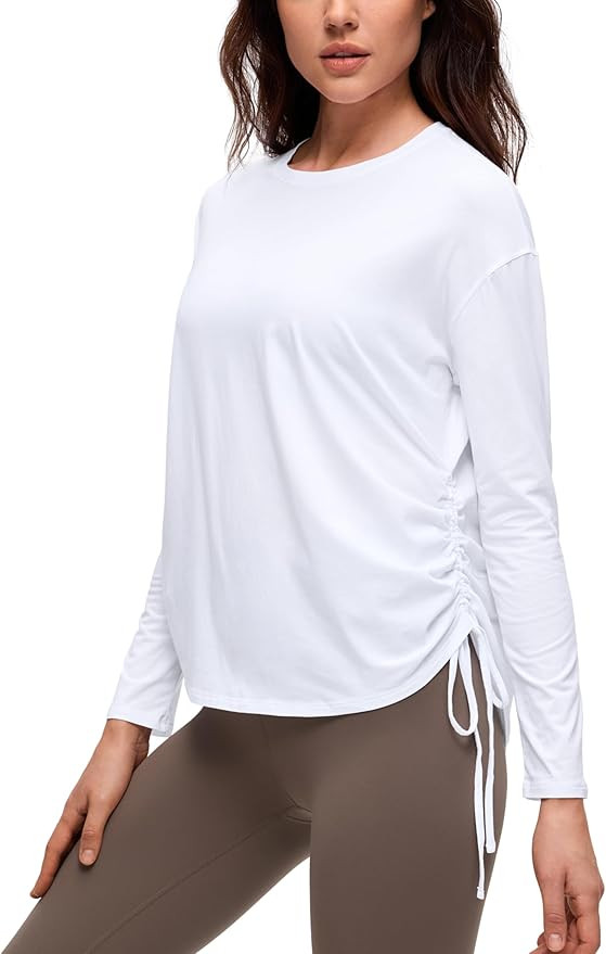 CRZ YOGA Pima Cotton Side Ruched Shirts for Women - Casual Workout Yoga Long Sleeve Tops Loose Cr... | Amazon (US)
