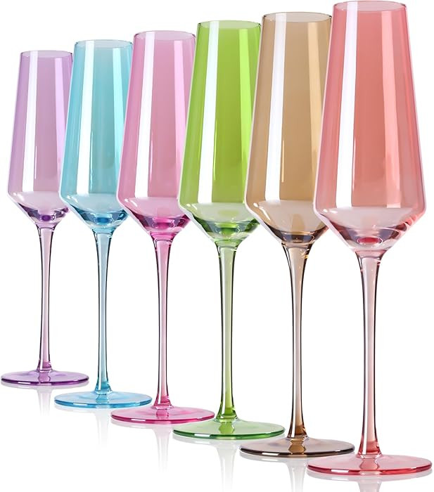 Colored Champagne Flutes Set of 6, Large 8.5 Oz Hand Blown Crystal Glasses, Lead-Free Colorful Gl... | Amazon (US)