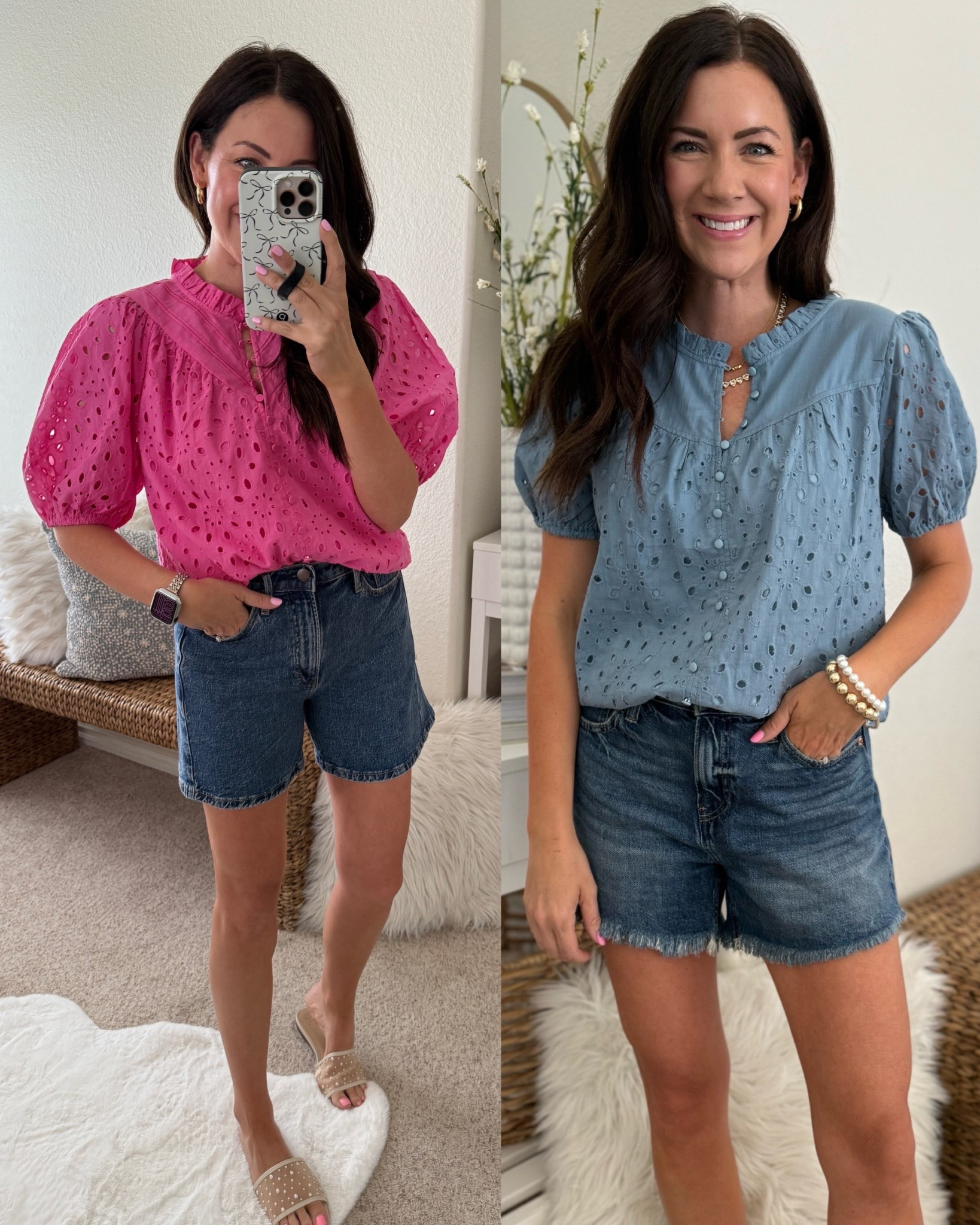 Two gorgeous Amazon eyelet tops that look expensive on sale, come in lots of colors, lined & on prime👏🏻
Pink-rose red is the shade! Wearing a medium, does run big wish I got a small
Blue-wearing a small, a little less puffy. Definitely if you’re between sizes go down! 

#LTKSaleAlert #LTKSeasonal