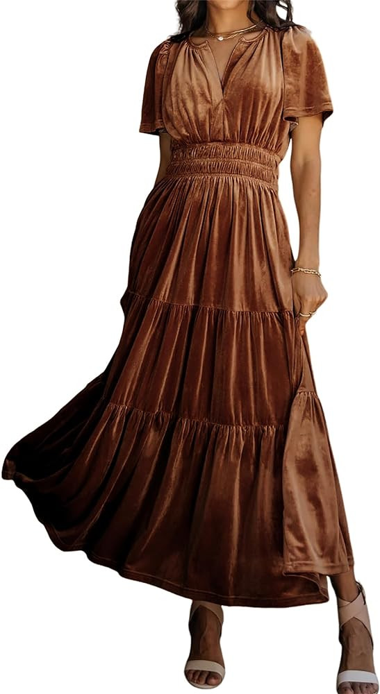 R.Vivimos Women's Fall Winter Vintage Velvet Dress Short Sleeve V Neck Elastic Waist Tiered Ruffl... | Amazon (US)